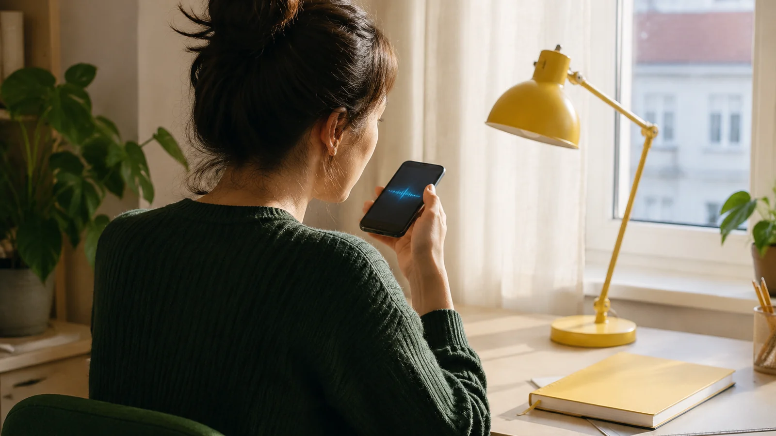 Personne de dos utilisant un smartphone avec une onde lumineuse dans un bureau calme
