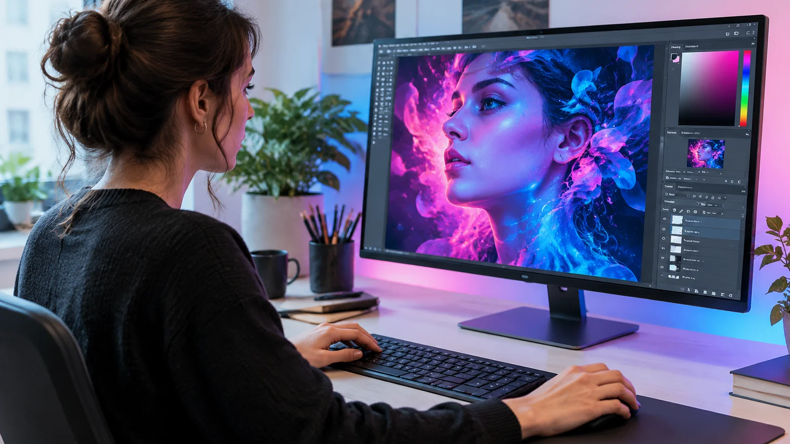 Designer travaillant une création visuelle générée par IA sur un grand écran