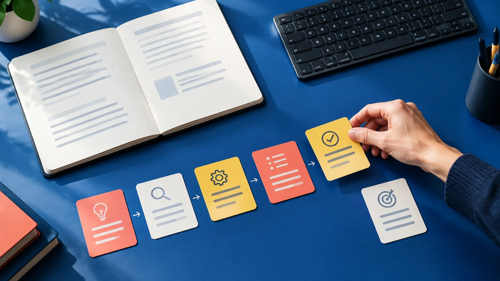 Cartes de consignes organisées près d'un carnet et d'un clavier