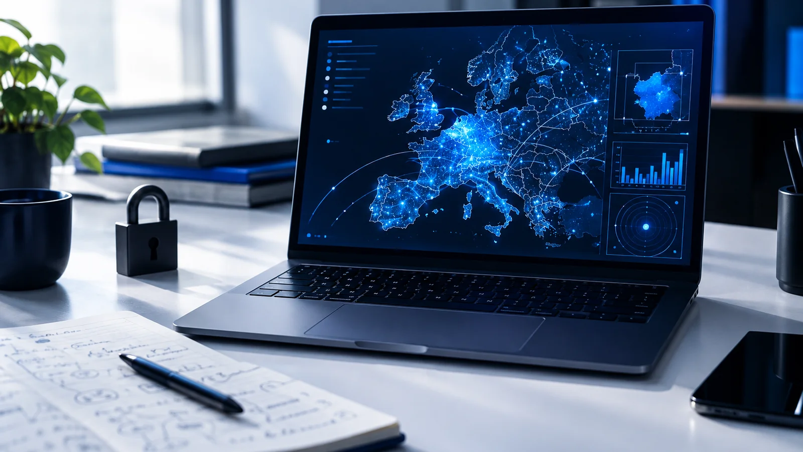 Carnet et ordinateur affichant une cartographie de données personnelles dans un bureau clair
