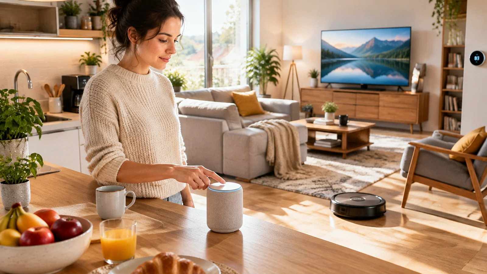 Personne utilisant des appareils intelligents dans une cuisine et un salon baignés de lumière du matin